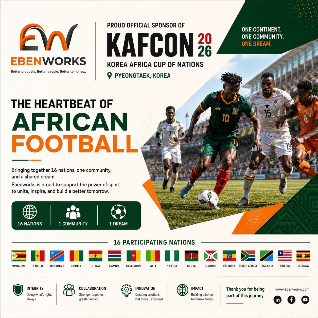 KAFCON 2026 poster, Korea–Africa Cup of Nations, Pyeongtaek. The Heartbeat of African Football. 16 participating nations. One Continent. One Community. One Dream.
