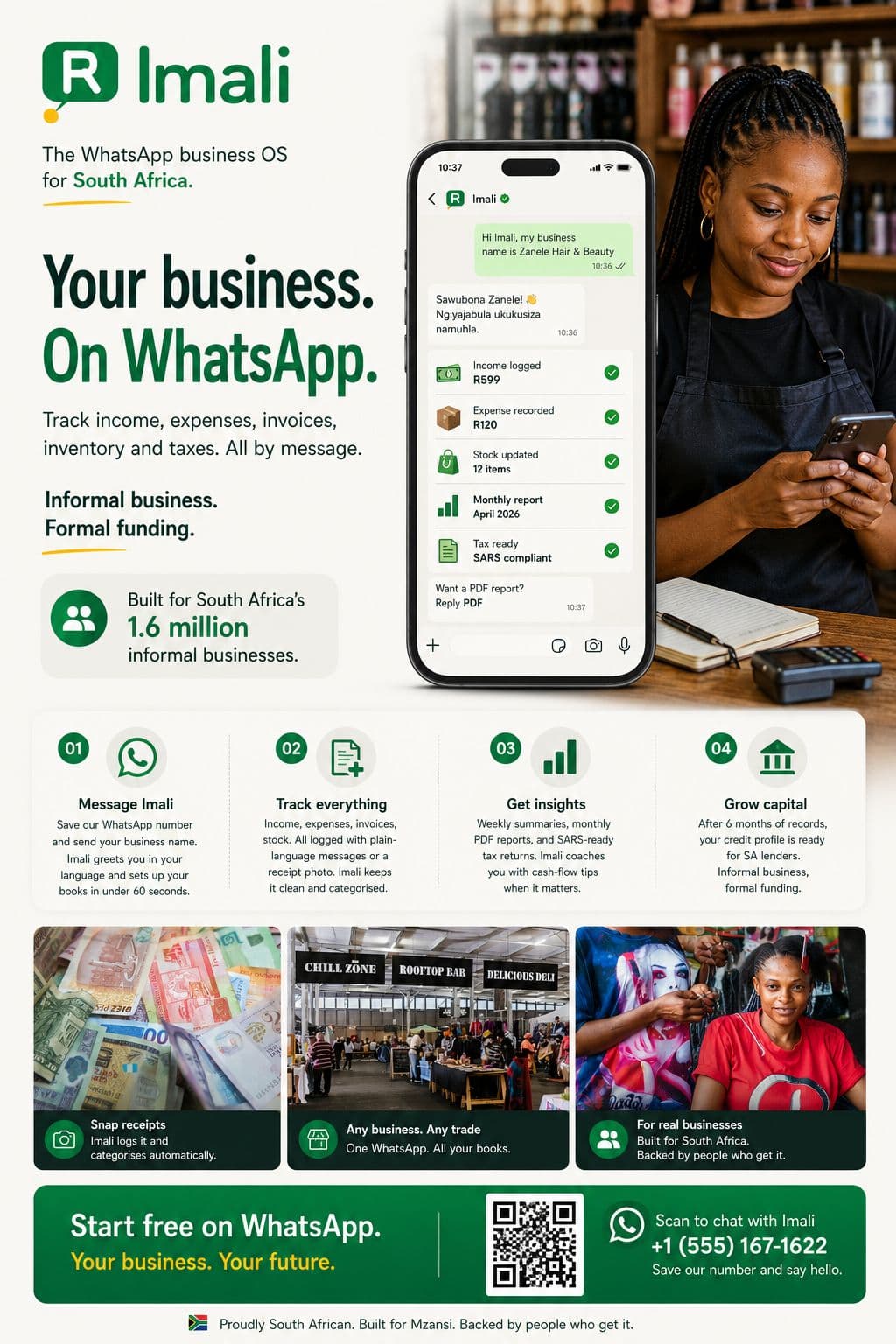 Imali one-pager: the WhatsApp business OS for South Africa — track income, expenses, invoices, inventory and taxes by message, with a four-step flow and a free WhatsApp start