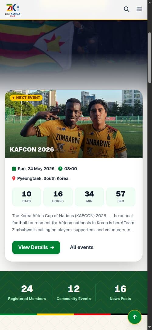 Zim–Korea Hub events screen, upcoming community events with RSVP.