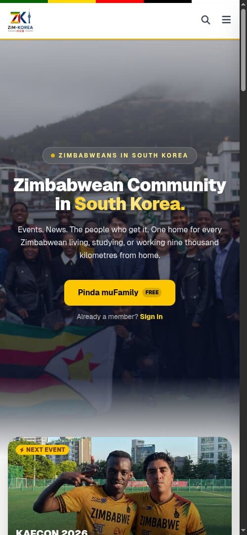 Zim–Korea Hub home screen on a phone, the community landing page.