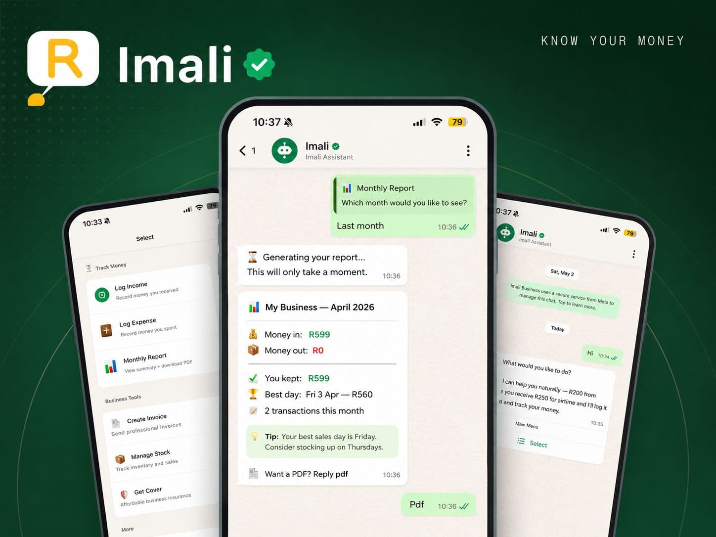 Imali on WhatsApp — the menu, an April 2026 monthly report, and a chat with the Imali assistant