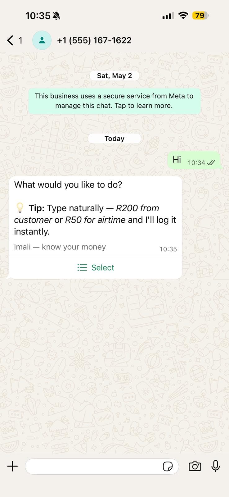Imali welcome flow on WhatsApp